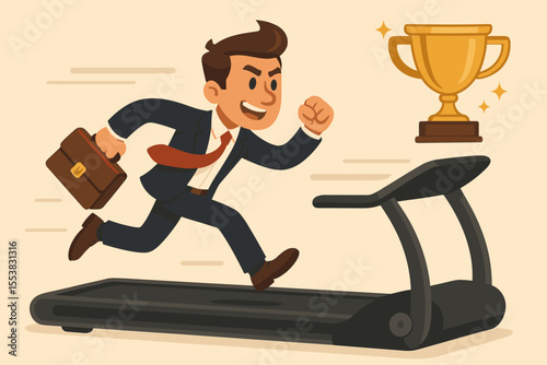 Businessman in suit running on treadmill, chasing a golden trophy. Vector concept of career ambition, motivation, and the pursuit of success. Metaphor for the rat race, endless work, and challenge.
