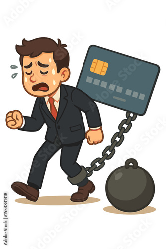 Credit card debt concept. Stressed businessman chained to a huge card and heavy weight, a metaphor for financial burden, bankruptcy, loan crisis, and overspending. Debt trap vector.