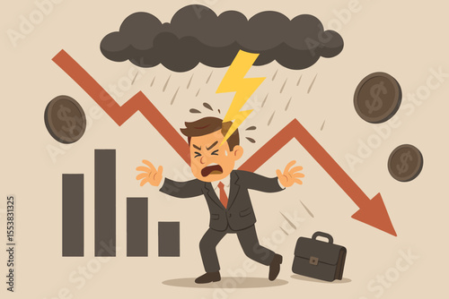 Businessman struck by lightning as metaphor for financial crisis. Concept of stock market crash, economic recession, business loss, and bankruptcy. Investment risk and failure.