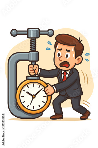 Businessman under time pressure trying to stop a clock with a vise grip. Metaphor for deadline stress, business anxiety, and time management. Cartoon vector concept illustration.