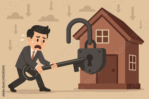Businessman struggling with mortgage debt trying to unlock a house. Metaphor for economic crisis, housing market crash, foreclosure, financial problems, and property loan issues.