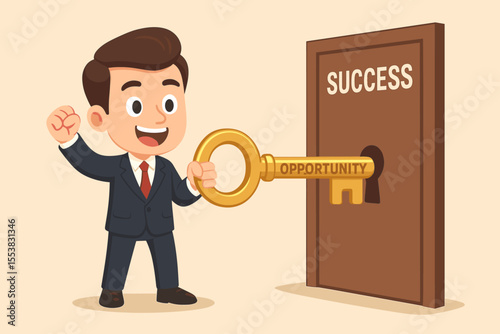 Businessman unlocking the door to success with a golden opportunity key. Business concept metaphor for career growth, achievement, finding a solution, reaching goals and unlocking potential.