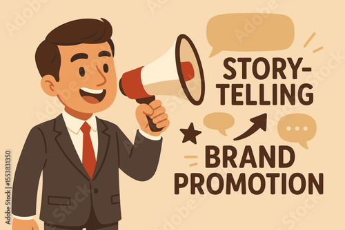 Marketing concept with businessman using megaphone for storytelling. Brand promotion, advertising campaign, and public relations strategy. Communication and engagement vector illustration.