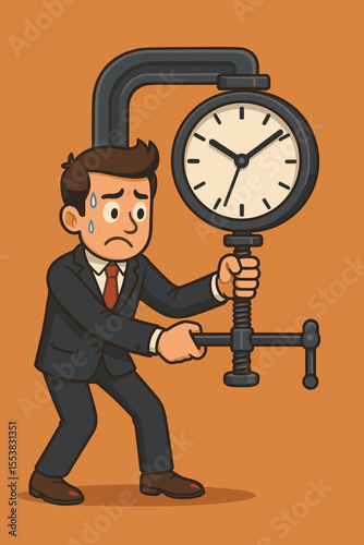 Time pressure metaphor with a stressed businessman trying to stop the clock. Anxious employee in a suit using a vise grip. Deadline, time management, burnout, and stress concept vector.