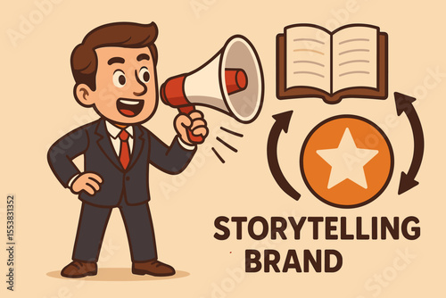 Brand storytelling concept with businessman using a megaphone. Marketing communication and promotion strategy. Building brand identity and narrative. Public relations cartoon vector.