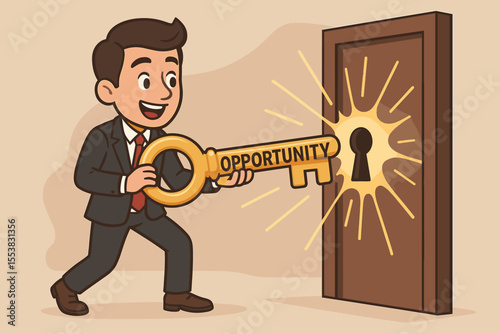 Key to opportunity concept. Businessman unlocking a door to success and a new future. Cartoon character with a golden key. Vector illustration metaphor for solutions, potential, and achievement.