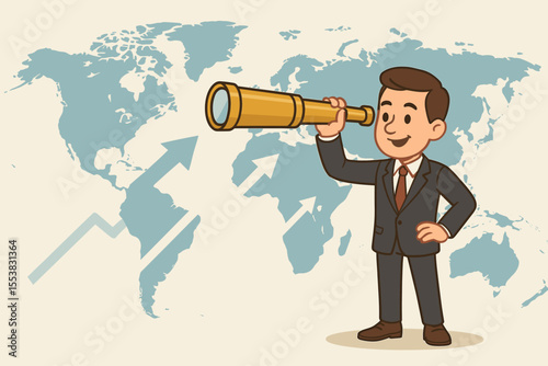 Businessman using a telescope for future business opportunities. Visionary leader forecasting growth and trends on a world map. Global market analysis and strategy concept vector.