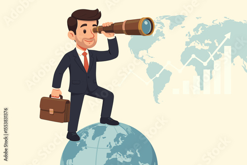 Businessman with telescope on a globe looks to the future. Global business vision, market forecast, investment opportunity search. Financial growth strategy and success concept.
