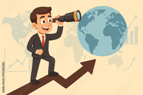 Concept of business vision and future opportunities. Businessman with a telescope on a growth arrow looking at the world globe. Global market forecast, investment strategy, financial success.