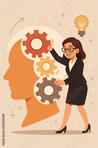 Mindset improvement concept. Businesswoman assembling gears in head. Metaphor for business strategy, innovative thinking, problem solving. Psychology. Mental development. New ideas.