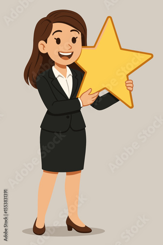 Businesswoman holding a large golden star, symbolizing major achievement, success, reward, excellence, quality, and winning. Vector cartoon illustration.