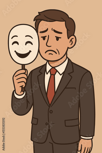Sad businessman hiding real feelings behind a happy smiling mask. Concept of fake emotion, imposter syndrome, burnout, and depression. Psychology and mental health vector.