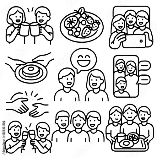 Brunch Outline Icons. Outline style icons of Brunch with Friends: friends clinking mugs, shared fruit platter, table selfie,