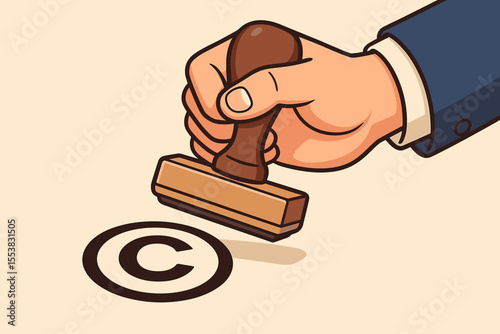 Copyright symbol stamp held by businessman's hand, legal protection of intellectual property rights concept, vector cartoon illustration, trademark, patent, law, business compliance