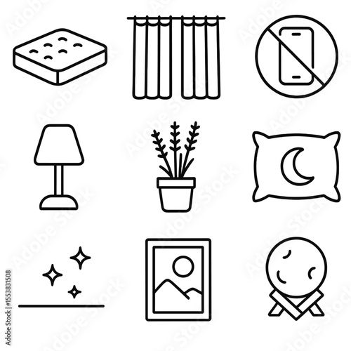 Calm Bedroom Icons. Outline style icons of Calm Bedroom Design: soft mattress, blackout curtains, no-tech zone icon, diffused lamp