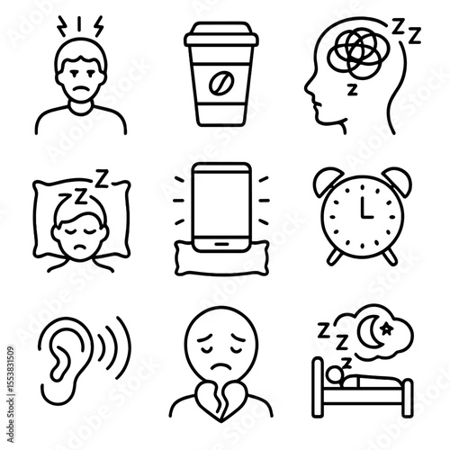 Sleepwalking Triggers Icons. Outline style icons of Sleepwalking Triggers: stress icon, late-night caffeine drink, restless mind,
