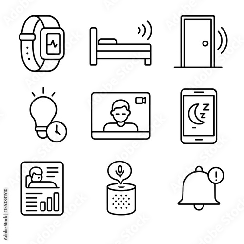 Smart Sleepwalking Devices. Outline style icons of Smart Technology for Sleepwalking: smart wristband tracker, bed exit alert
