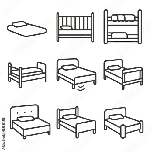 Sleepwalking Safety Beds. Outline style icons of Bed Types for Sleepwalking Safety: low floor mattress, crib rail bed, cushioned