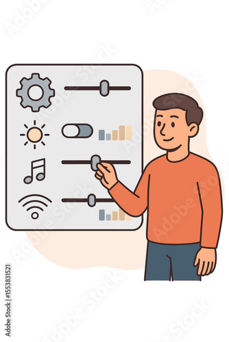 Male User Adjusting Customizable System Settings on Control Panel with Sliders and Icons for Brightness, Sound, WiFi, and Preferences, Personalized Technology Interface Vector Illustration