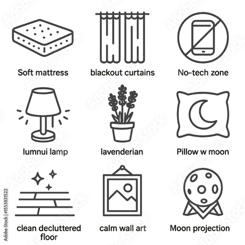 Calm Bedroom Icons. Outline style icons of Calm Bedroom Design: soft mattress, blackout curtains, no-tech zone icon, diffused lamp