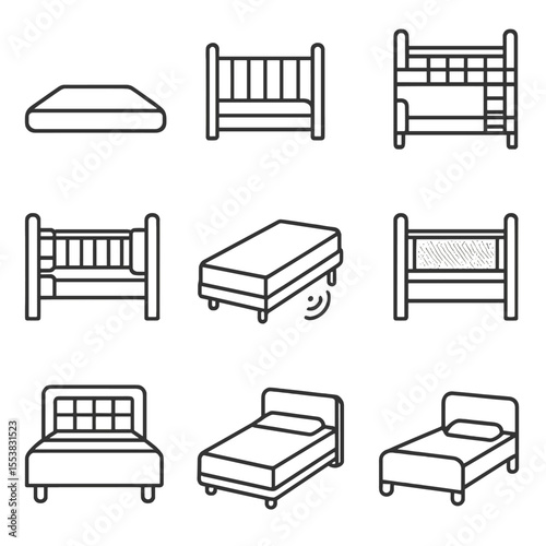 Sleepwalking Safety Beds. Outline style icons of Bed Types for Sleepwalking Safety: low floor mattress, crib rail bed, cushioned