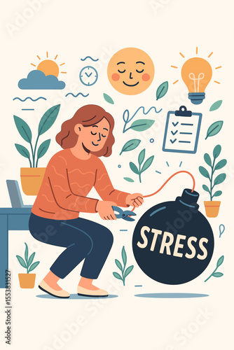 Stress management metaphor concept. Calm woman defusing a bomb to avoid work burnout and pressure. Mental health, anxiety relief, and well-being strategy. Cartoon vector illustration.