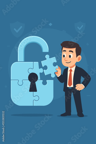 Cybersecurity concept with a businessman solving a security lock puzzle. Metaphor for data protection, business strategy, and finding a solution. Privacy measures. Vector illustration.