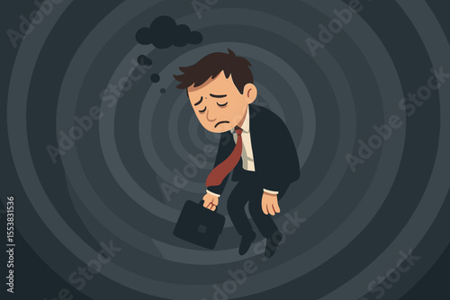 Depressed businessman falling down dark spiral, mental health disorder concept, anxiety and stress illustration, sadness, burnout, depression, emotional struggle, vector cartoon