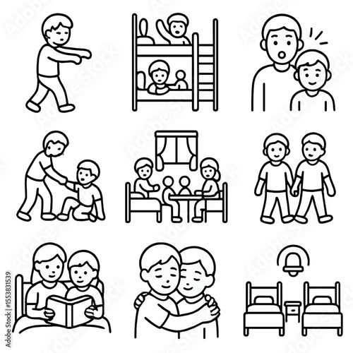 Sleepwalking Sibling Icons. Outline style icons of Sleepwalking and Siblings: sibling bunkbed setup, alert sibling icon, child