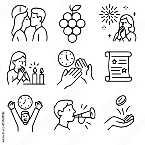 New Year Traditions Icons. Outline style icons of New Year’s Traditions: midnight kiss, lucky grapes, wishing on fireworks,
