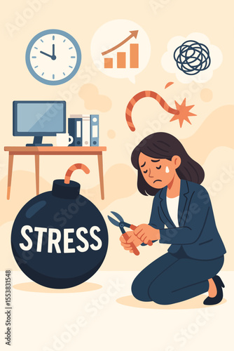 Businesswoman defusing a stress bomb, a metaphor for work pressure and anxiety. Concept for mental health, wellbeing, coping with deadlines, and preventing office burnout.
