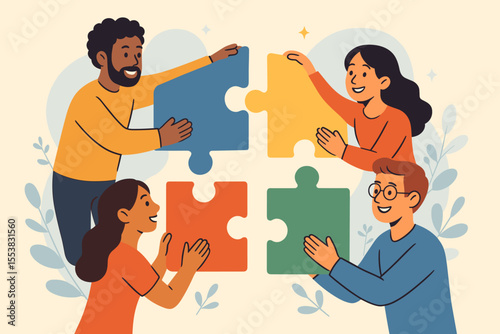 Diverse Team Assembling Colorful Jigsaw Puzzle Pieces, Symbolizing Effective Collaboration, Teamwork, Problem Solving, Unity, Cooperation, and Creative Group Effort, Vector Cartoon Illustration