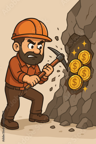 Determined Miner Chiseling Rock with Pickaxe, Uncovering Glittering Gold Dollar Coins. Cartoon Concept of Perseverance, Hard Work, Reward, Wealth Acquisition, and Financial Success.