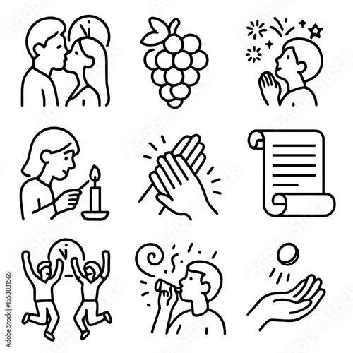 New Year Traditions Icons. Outline style icons of New Year’s Traditions: midnight kiss, lucky grapes, wishing on fireworks,