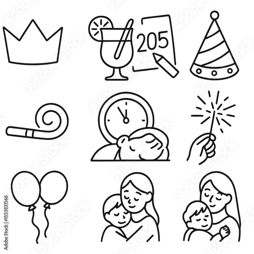 Children's New Year Icons. Outline style icons of Children’s New Year: paper crown, mocktail for kids, drawing 2025, party hat DIY