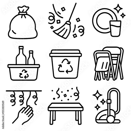 Celebration Cleanup Icons. Outline style icons of Celebration Cleanup: trash bag full, sweeping confetti, dishwashing party,