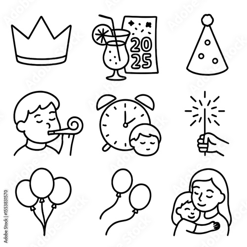 Children's New Year Icons. Outline style icons of Children’s New Year: paper crown, mocktail for kids, drawing 2025, party hat DIY