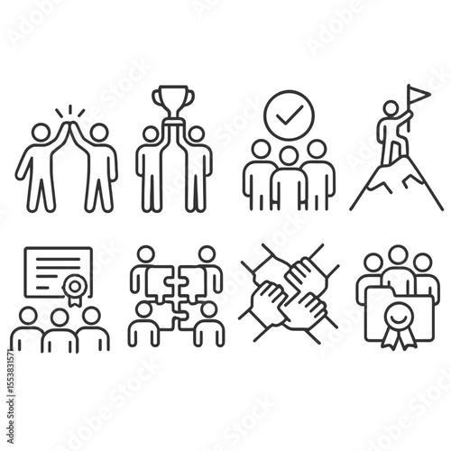 Teamwork Symbols. Outline style icons of Team Achievement: high five group, group holding trophy, collaboration check, team on