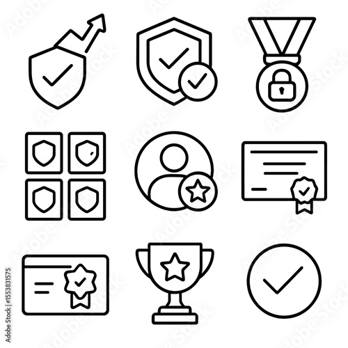 Digital Badge Icons. Outline style icons of Digital Badge Collection: level-up badge, skill icon with check, achievement unlocked