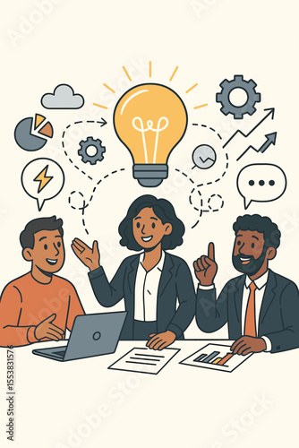 Business team collaboration and brainstorming concept. Diverse people in a meeting discussing innovative ideas and strategy. Creative problem-solving metaphor with lightbulb icon.