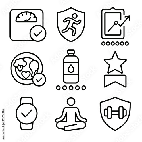 Health Milestone Icons. Outline style icons of Health and Fitness Milestones: goal weight check, running badge, fitness progress