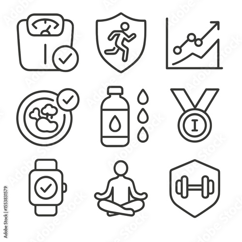 Health Milestone Icons. Outline style icons of Health and Fitness Milestones: goal weight check, running badge, fitness progress