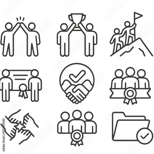 Teamwork Symbols. Outline style icons of Team Achievement: high five group, group holding trophy, collaboration check, team on