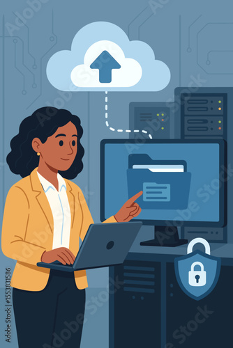 Businesswoman managing cloud data security, digital information upload. Woman using laptop, computer monitor, server racks, and shield padlock icon for secure online storage and privacy.