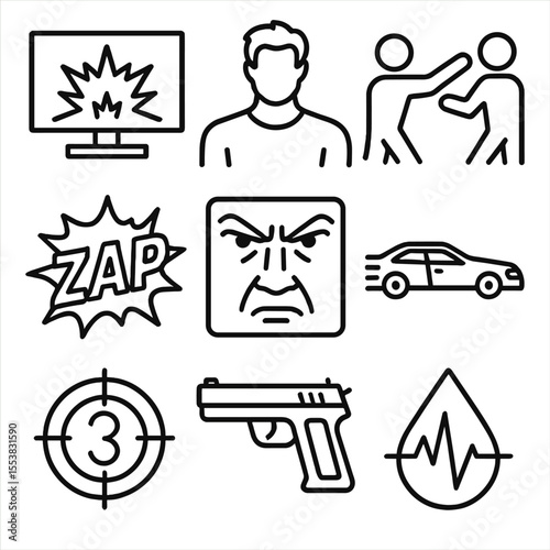 Action Movie Icons. Outline style icons of Action Movie Night: explosion on screen, hero silhouette, fight scene icon, action