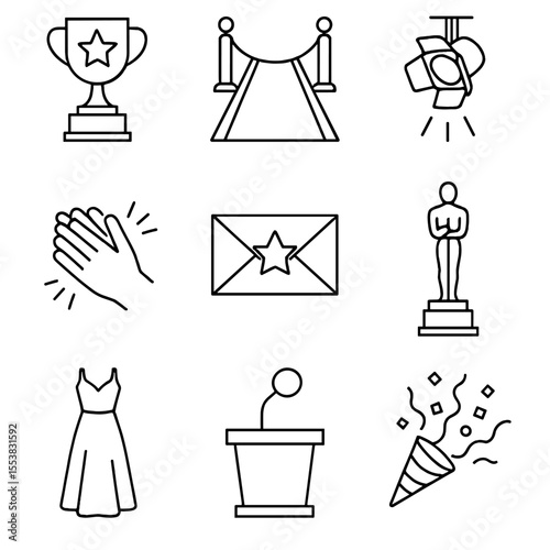 Movie Awards Icons. Outline style icons of Movie Awards Night: golden trophy, red carpet icon, spotlight on stage, applause hands,