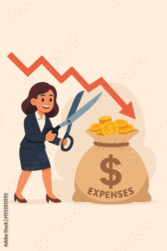 Savvy Businesswoman Cutting Expenses with Giant Scissors, Driving Cost Reduction, Financial Savings, and Economic Growth. Vector Cartoon for Business Strategy & Finance Management
