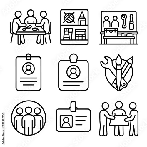 Outline Hobby Icons. Outline style icons of Hobby Clubs and Groups: group crafting table, shared supply shelf, community workshop,