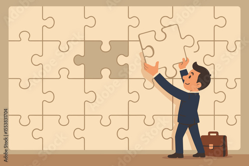 Businessman leader completing huge jigsaw puzzle. Metaphor for problem solving, finding a solution, and achieving business success. Man fitting the final piece. Vector illustration.