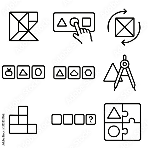 Shape Puzzle Icons. Outline style icons of Shape Puzzles Silhouette: tangram pieces, fitting shapes, rotation puzzle, matching